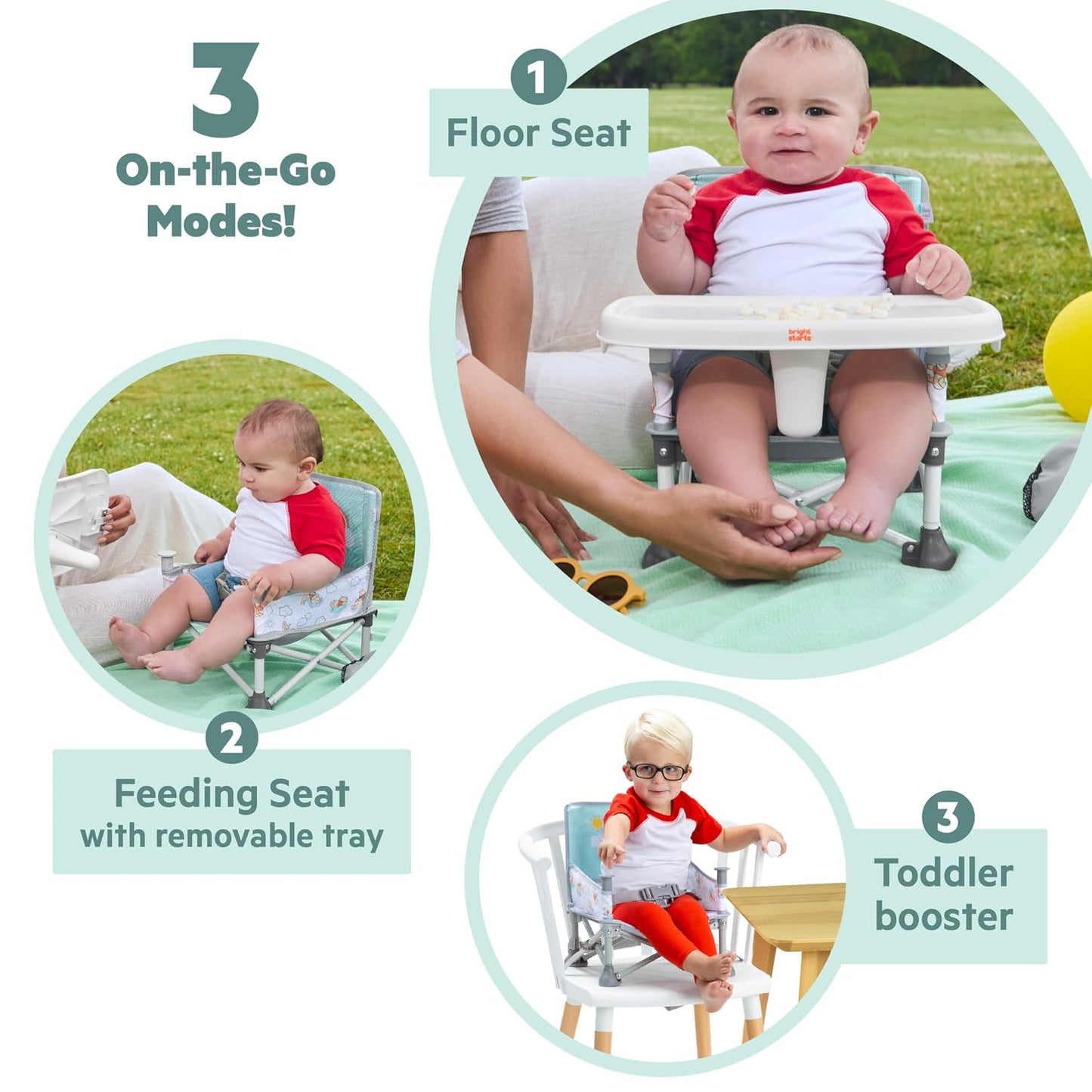 Bright Starts Pop 'N Sit Portable Booster, Indoor/Outdoor Use, Floor Seat with Feeding Tray, Teal, 6 Mos - 3 Yrs