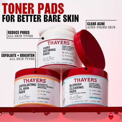 Thayers Blemish Clearing Acne Pads, Salicylic Acid Acne Treatment for Face, Pore Reducing, Exfoliating, and Soothing Skincare, Witch Hazel Toner Pads, 60 Ct