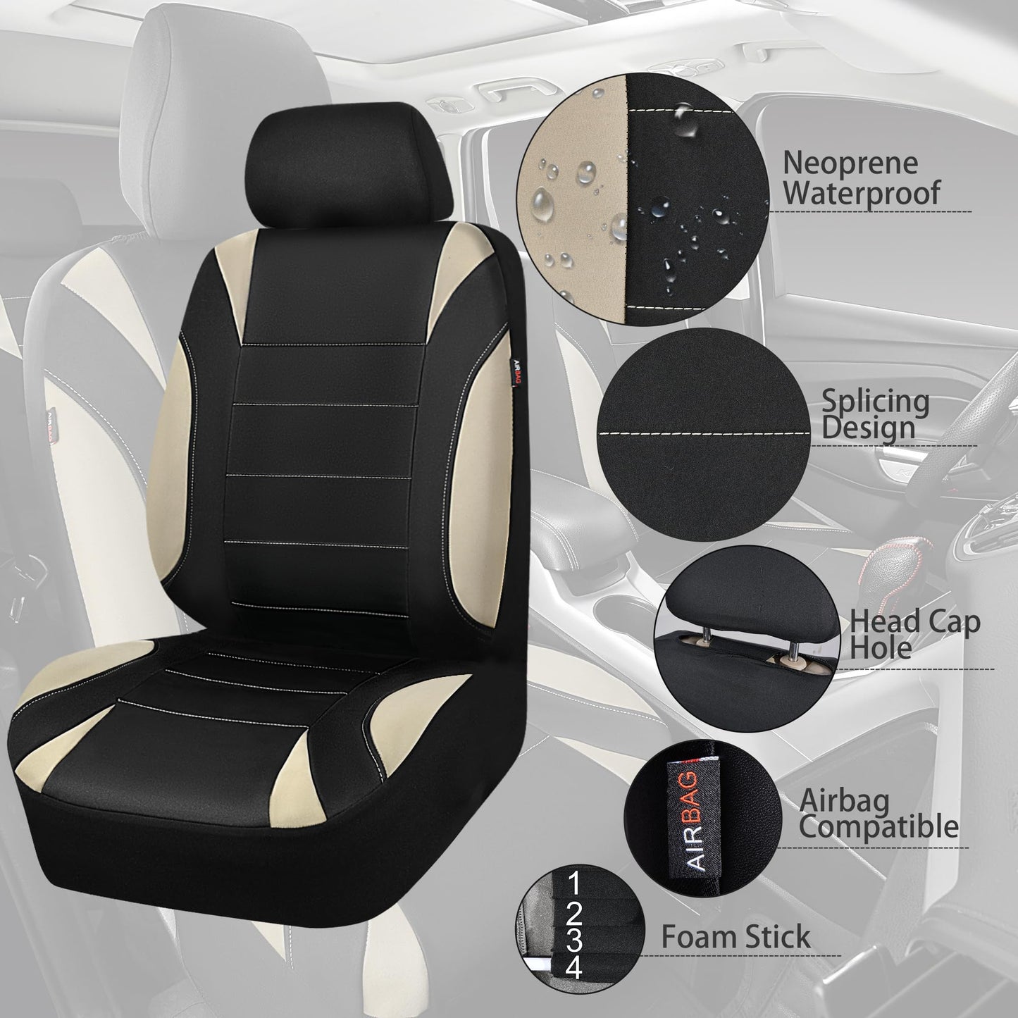 CAR PASS Waterproof Car Seat Covers Front Seats Only with 5mm Composite EVA, Neoprene Car Seat Cover with Separate Headrest Cover, Quick Setup Universal Fit for Car SUV Trucks,Airbag Compatible（Gray