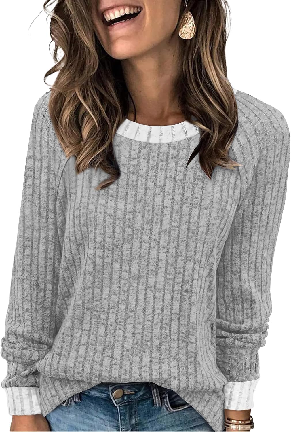 WIHOLL Long Sleeve Shirts for Women Lightweight Sweaters Fall Outfits 2026 Color Block Winter Clothing Dressy Casual Soft