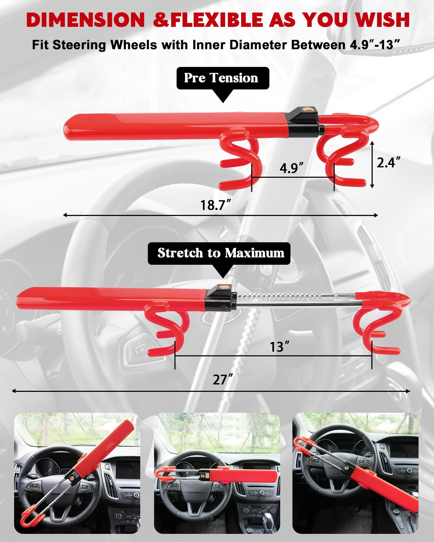 Tevlaphee Steering Wheel Lock Anti-Theft Car Device Heavy Duty Security Car Lock Antitheft Locking Devices Great Deterrent Adjustable Car Wheel Lock Anti Theft for Vehicle Truck with 3 Keys(Black)