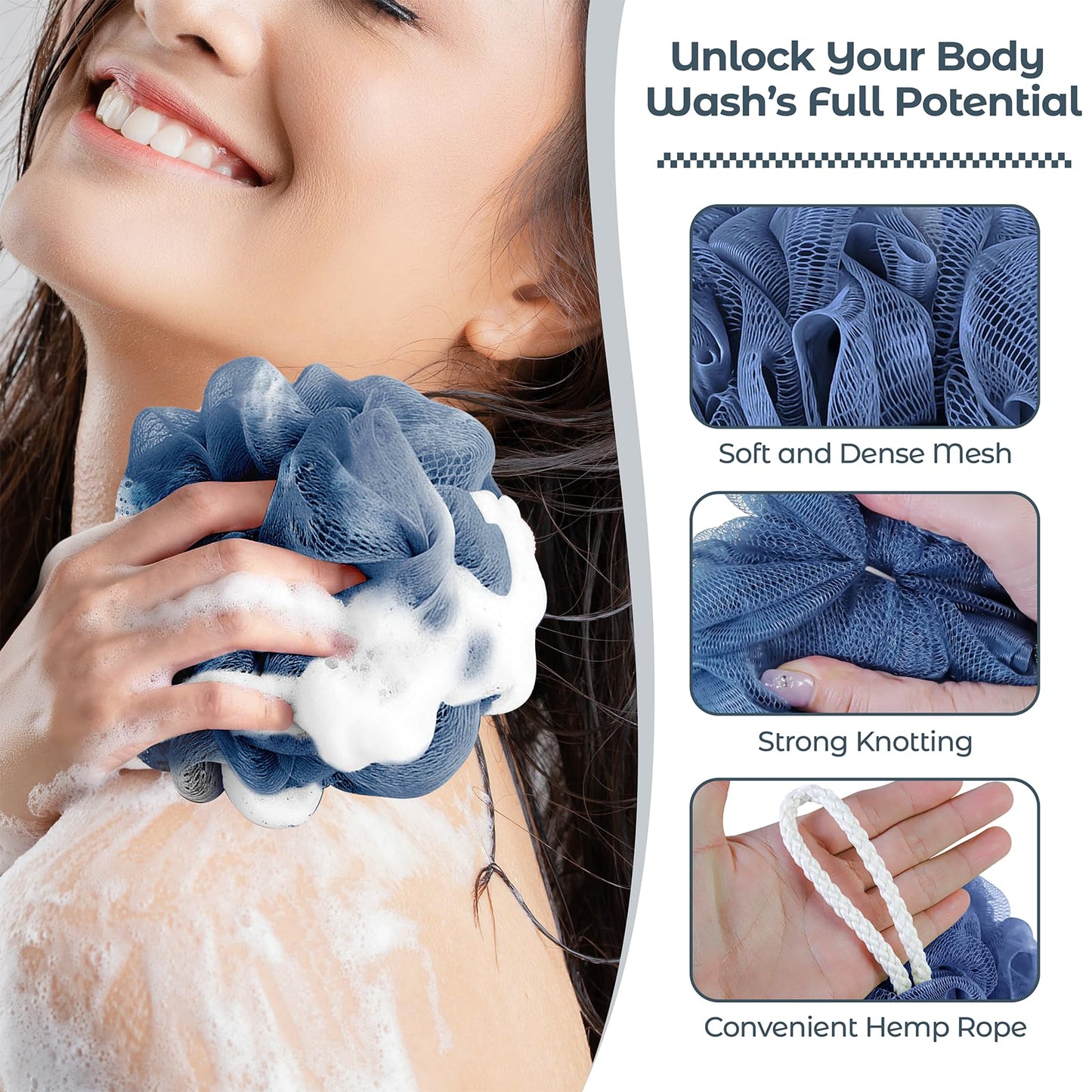 Rnoafmu Shower Loofah Bath Sponge, 60G Exfoliating Body Scrubber 4 Pack