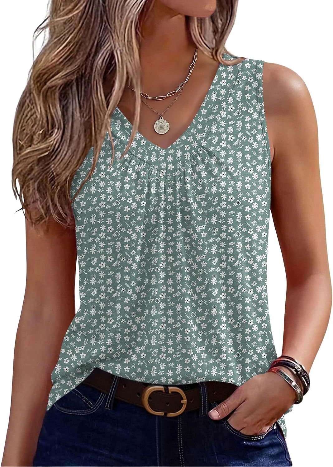 Zeagoo Womens Tank Tops Summer Sleeveless Tops V Neck Pleated Shirts