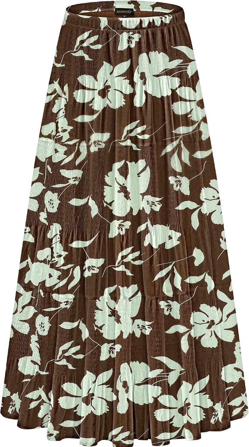 NASHALYLY Women's Chiffon Elastic High Waist Pleated A-Line Maxi Skirts
