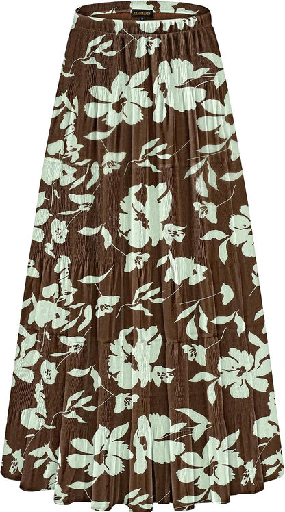 NASHALYLY Women's Chiffon Elastic High Waist Pleated A-Line Maxi Skirts
