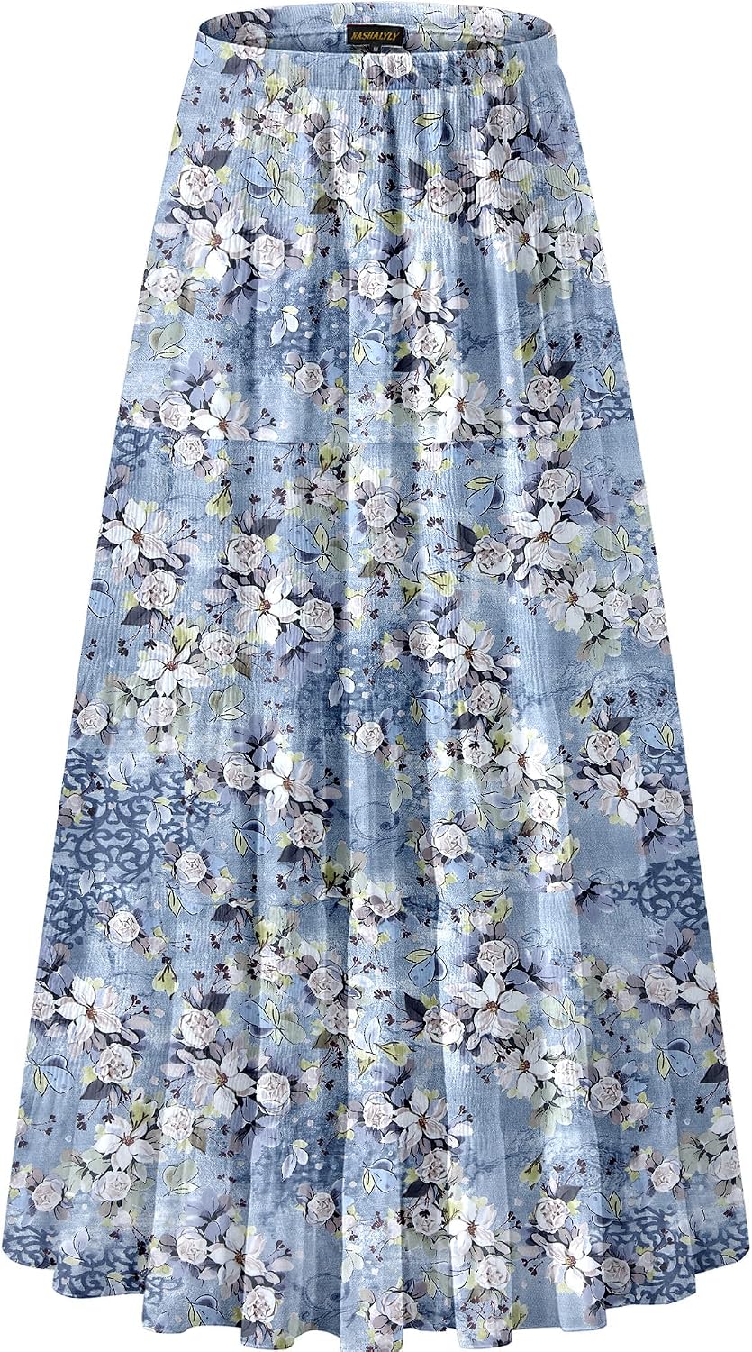 NASHALYLY Women's Chiffon Elastic High Waist Pleated A-Line Maxi Skirts