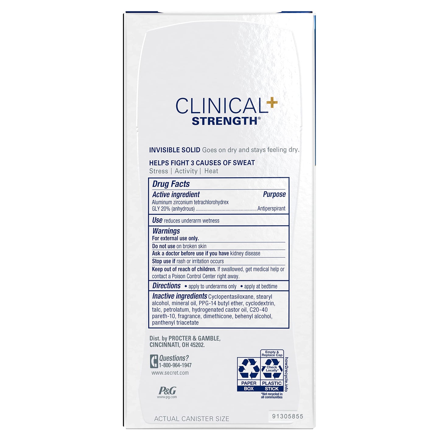 Secret Clinical Strength Invisible Solid Antiperspirant Deodorant for Women, 100HR Sweat & Odor Protection, 3X Stress Protection with Hyaluronic Acid, PH Balanced, Completely Clean Scent, 2.6 oz