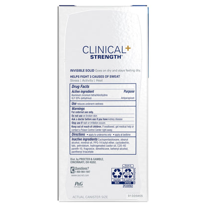 Secret Clinical Strength Invisible Solid Antiperspirant Deodorant for Women, 100HR Sweat & Odor Protection, 3X Stress Protection with Hyaluronic Acid, PH Balanced, Completely Clean Scent, 2.6 oz