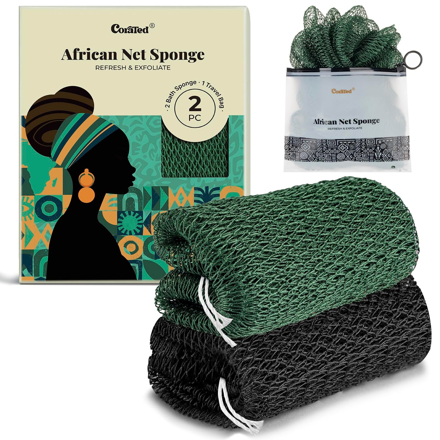 CORATED African Net Sponge with Knots Authentic, Shower Loofah Bath Sponge
