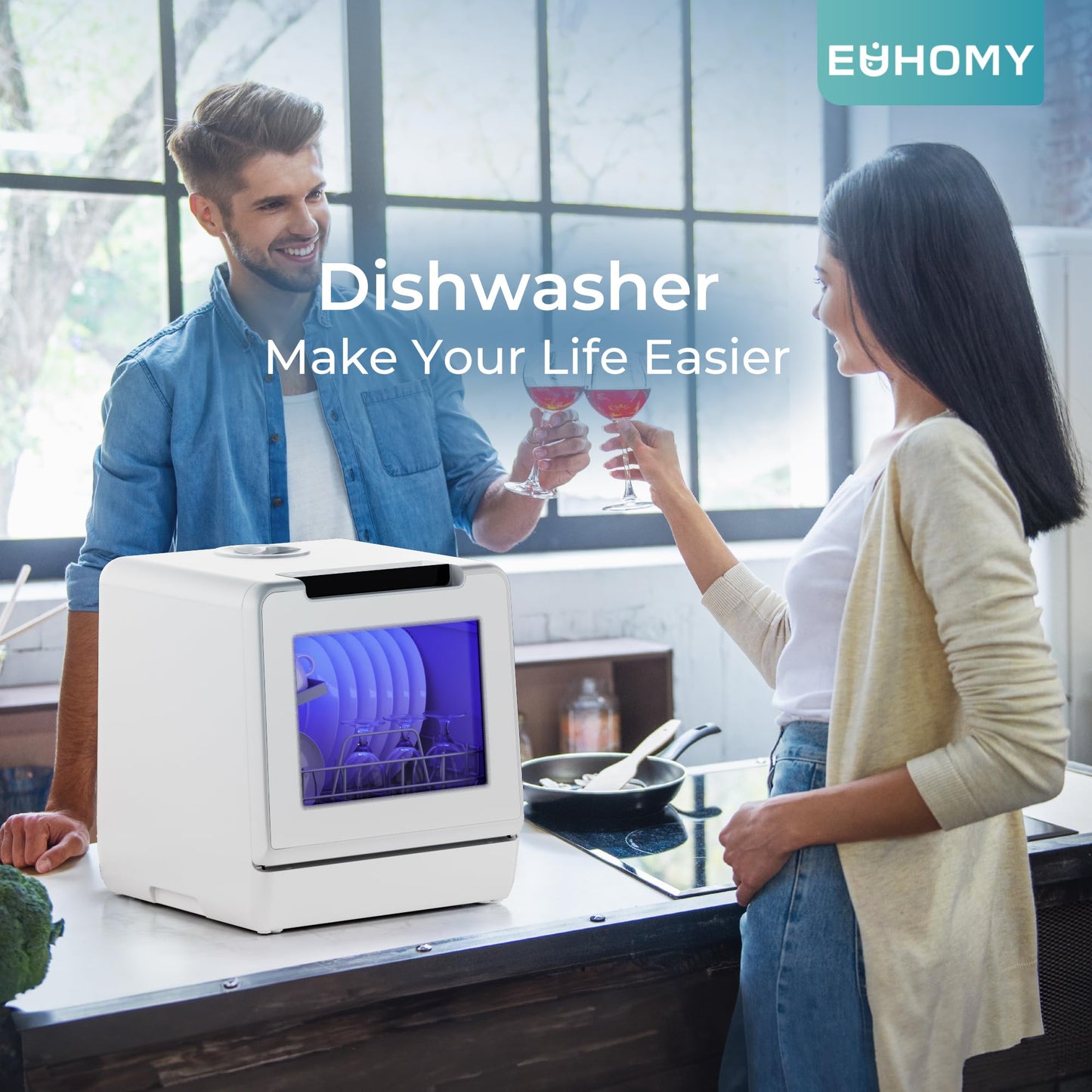 EUHOMY Countertop Dishwasher Portable, 8 Programs with 5L Tank, Black, 40dB