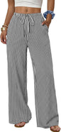 Sampeel Wide Leg Pants for Women Flowy Palazzo Drawstring Elastic Waist Trousers with Pockets Summer Beach Vacation Clothes