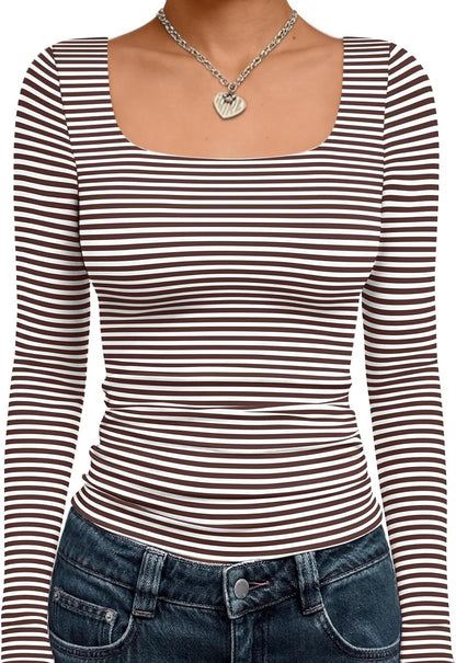 Trendy Queen Womens Square Neck Long Sleeve Shirts Double Lined Fall Tops