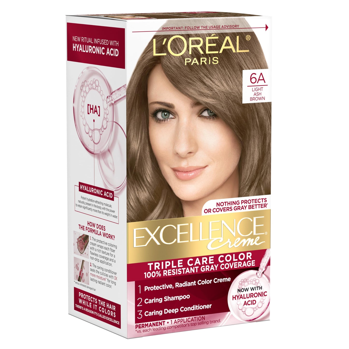 L'Oreal Paris Excellence Crème Permanent Hair Dye, Triple Care Hair Color with Hyaluronic Acid for 100% Gray Coverage, 4 Dark Brown, 1 Kit (Packaging May Vary)