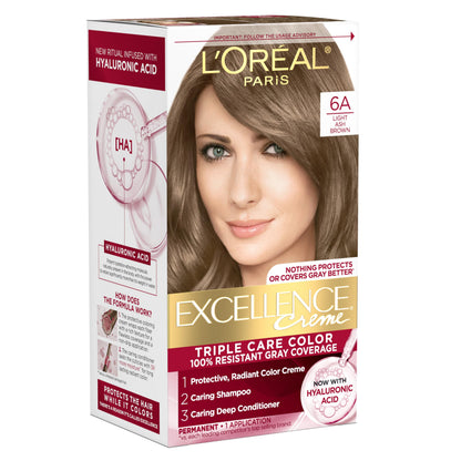 L'Oreal Paris Excellence Crème Permanent Hair Dye, Triple Care Hair Color with Hyaluronic Acid for 100% Gray Coverage, 4 Dark Brown, 1 Kit (Packaging May Vary)