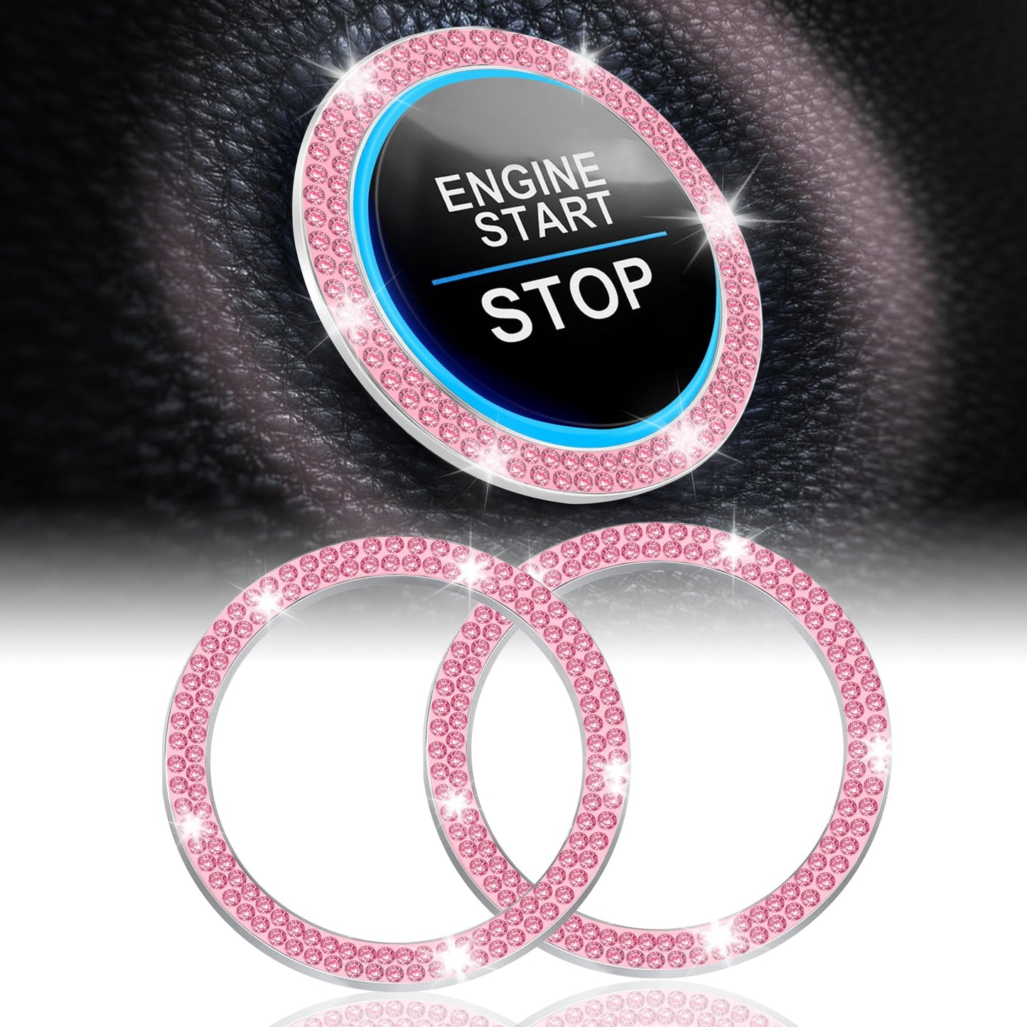 LivTee 2 PCS Crystal Double Rhinestone Car Engine Start Stop Decoration Ring, Bling Car Interior Accessories for Women, Push to Start Button Cover Sticker, Automotive Decals, Light Green
