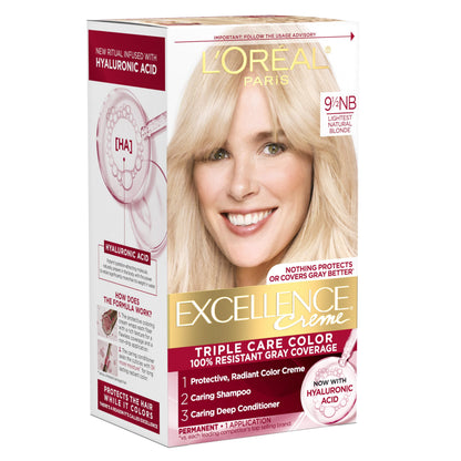 L'Oreal Paris Excellence Crème Permanent Hair Dye, Triple Care Hair Color with Hyaluronic Acid for 100% Gray Coverage, 4 Dark Brown, 1 Kit (Packaging May Vary)