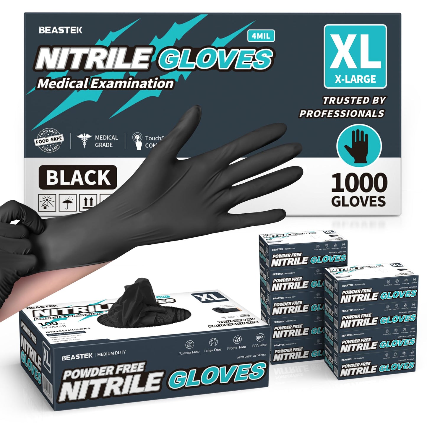 BEASTEK Black Nitrile Exam Gloves, 4 Mil, Powder-Free Food Prep Disposable