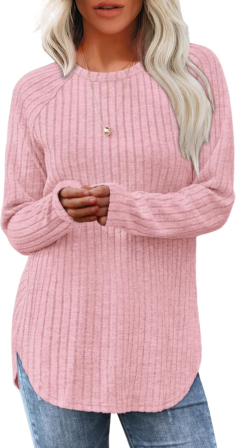Saloogoe Long Sleeve Shirts for Women 2026 Fall Clothes Tunic Tops Loose Fit Dressy Crewneck Pullover Sweaters Curved Hem