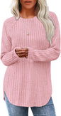 Saloogoe Long Sleeve Shirts for Women 2026 Fall Clothes Tunic Tops Loose Fit Dressy Crewneck Pullover Sweaters Curved Hem