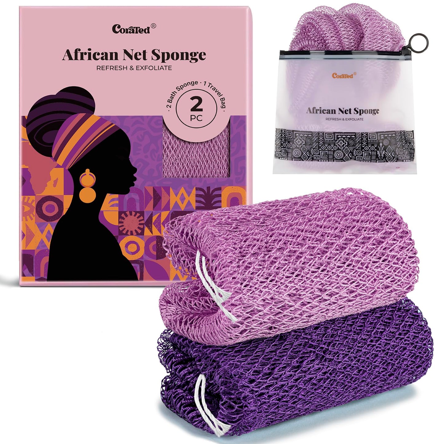 CORATED African Net Sponge with Knots Authentic, Shower Loofah Bath Sponge