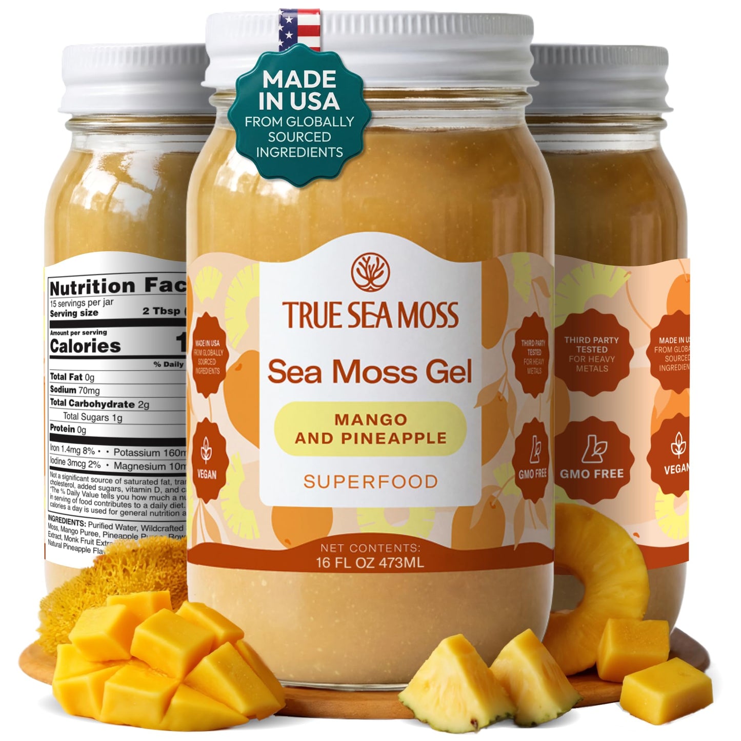 TrueSeaMoss Sea Moss Gel – Made in USA – Wildcrafted Seamoss, Fruits & Jarred Vegetables – Mango, Pack of 3 (Labels may Vary)