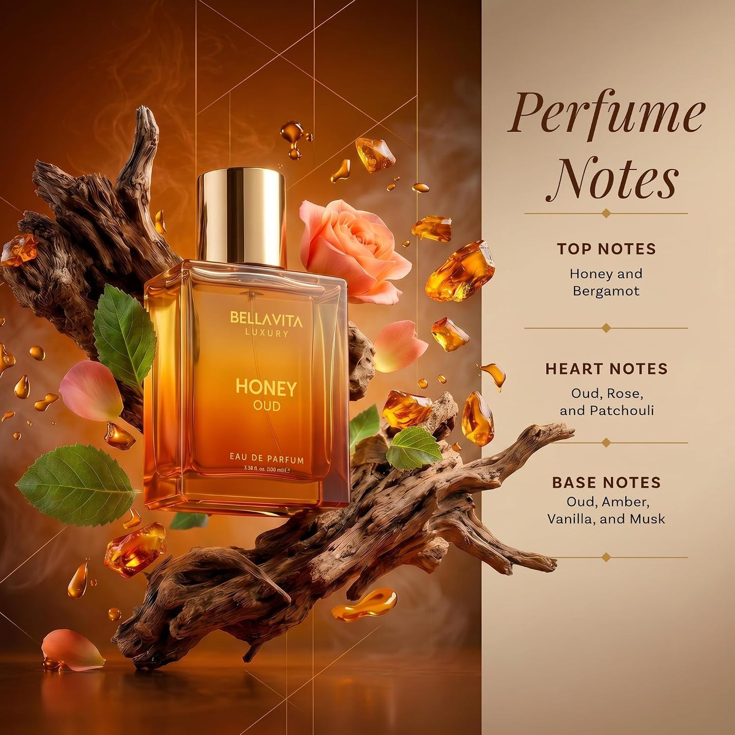 Bellavita Luxury Honey Oud Eau de Parfum | 100 ml (3.4 fl.oz.) | Perfume for Men and Women | Sweet Honey, Bergamot, Oud, and Amber Notes