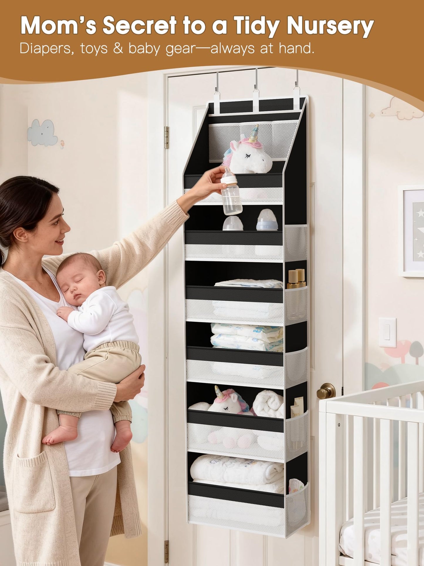 Criusia Over the Door Organizer, Heavy-Duty 6-Shelf Hanging Storage with 13 Mesh Pockets, 55lbs Capacity Behind the Door Storage for Nursery, Bathroom, Bedroom, and Dorm, White