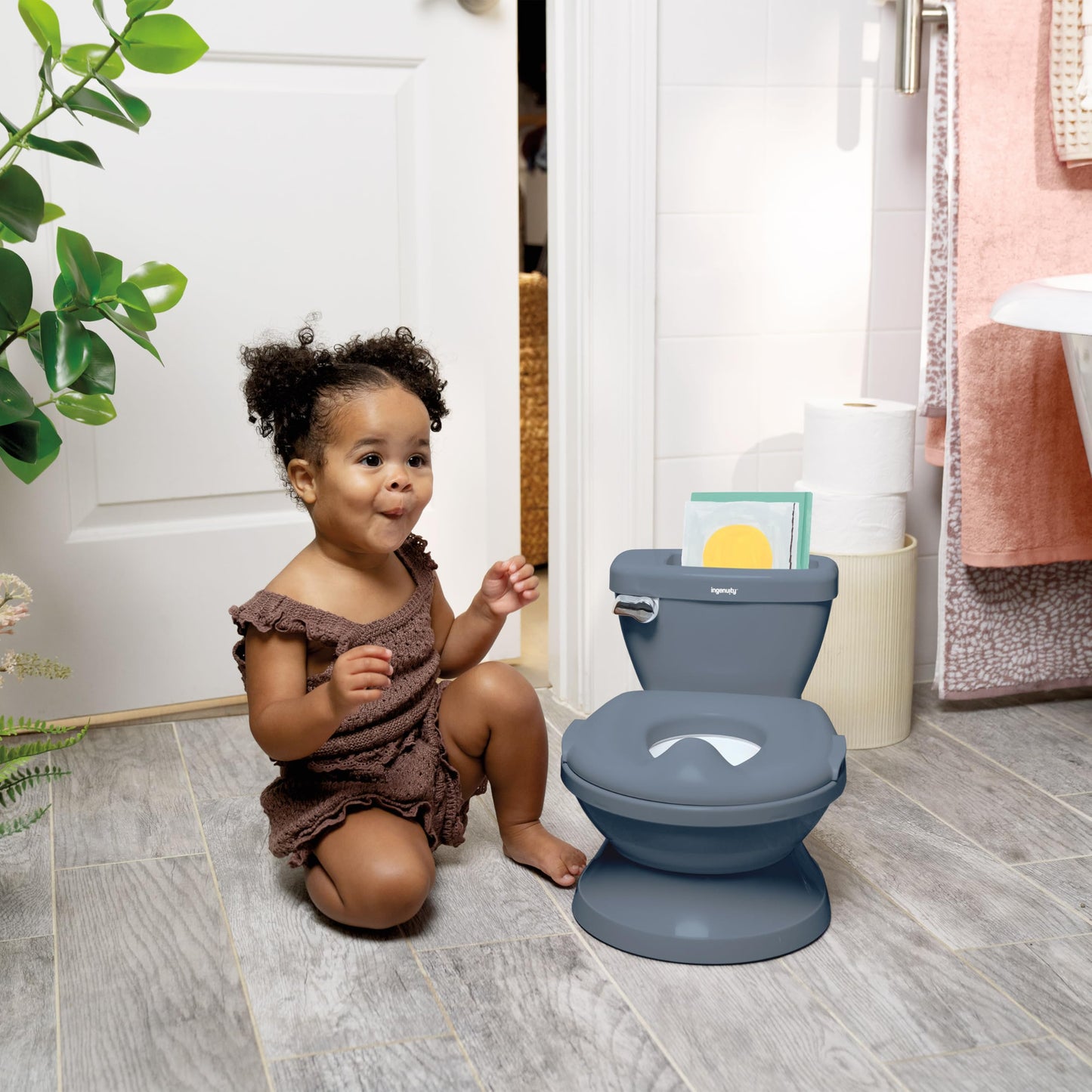 Ingenuity My Size Potty Pro 2-in-1 Potty Training Toilet, Floor Potty with Removable Potty Seat for Standard Toilets, Realistic Flushing Sound, for Toddlers Ages 18+ Months, Up to 50 lb