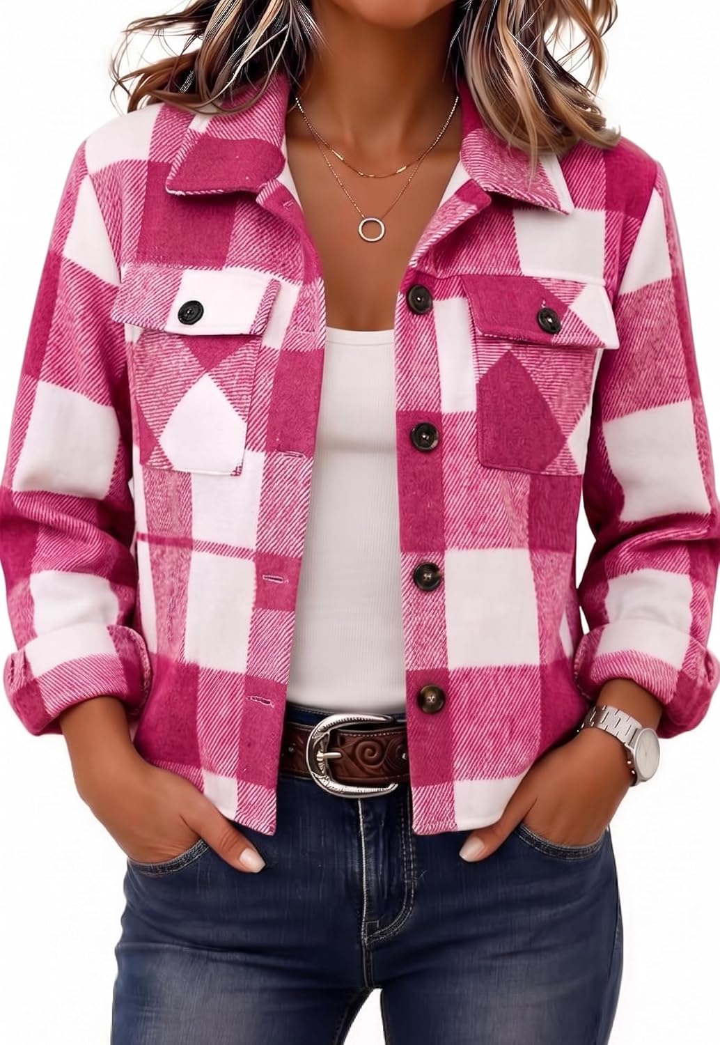 Zeagoo Flannels for Women Cropped Shacket Jacket Fashion Plaid Fall Coat