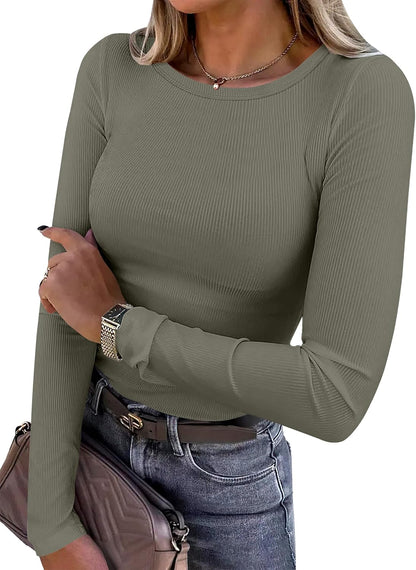 ANRABESS Women Long Sleeve Shirts Ribbed Fitted Tops