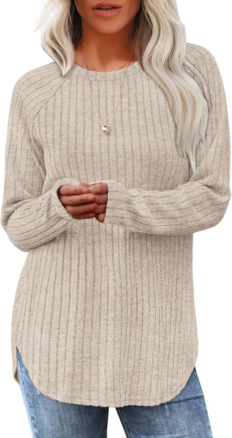 Saloogoe Long Sleeve Shirts for Women 2026 Fall Clothes Tunic Tops Loose Fit Dressy Crewneck Pullover Sweaters Curved Hem