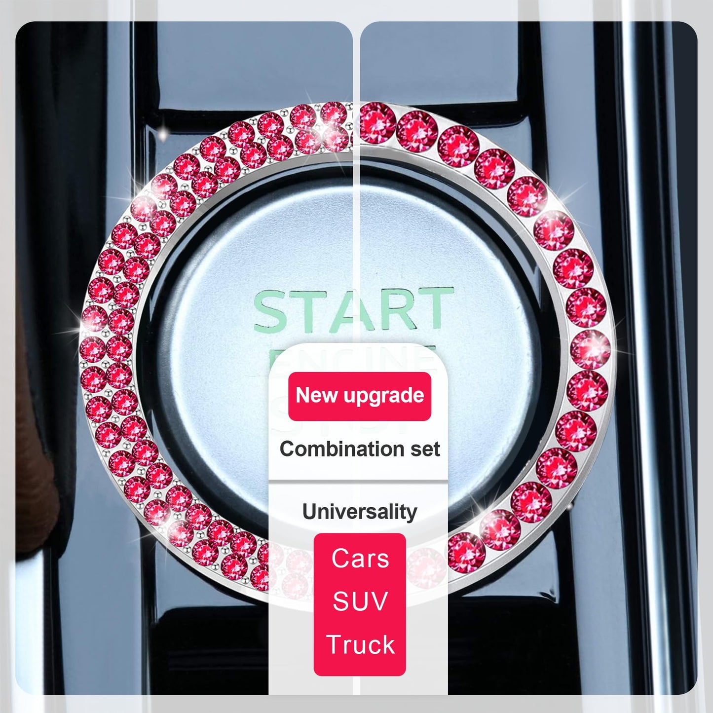 LivTee 2 PCS Crystal Double Rhinestone Car Engine Start Stop Decoration Ring, Bling Car Interior Accessories for Women, Push to Start Button Cover Sticker, Automotive Decals, Light Green