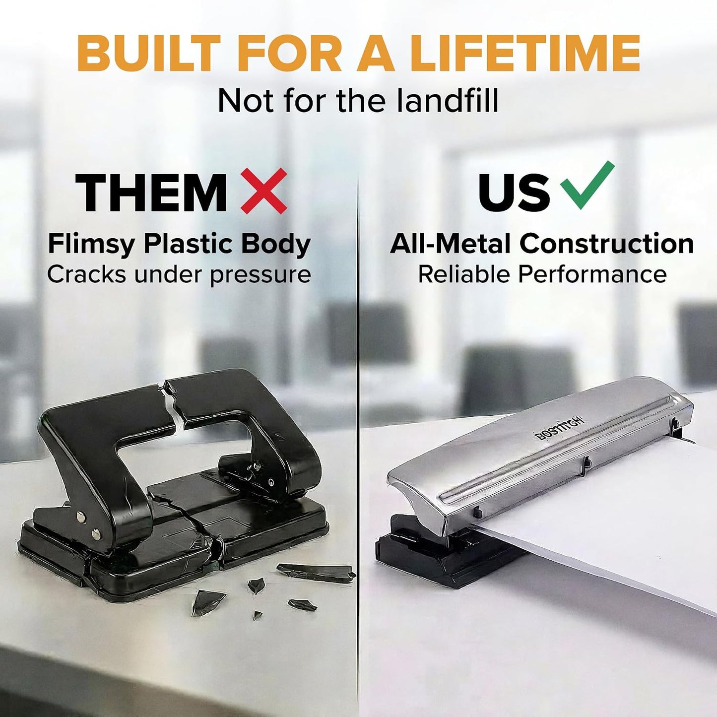 Bostitch Office Premium 3 Hole Punch, 12 Sheet Capacity, Metal, Rubber Base, Easy-Clean Tray, Silver