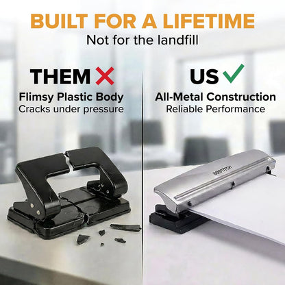 Bostitch Office Premium 3 Hole Punch, 12 Sheet Capacity, Metal, Rubber Base, Easy-Clean Tray, Silver