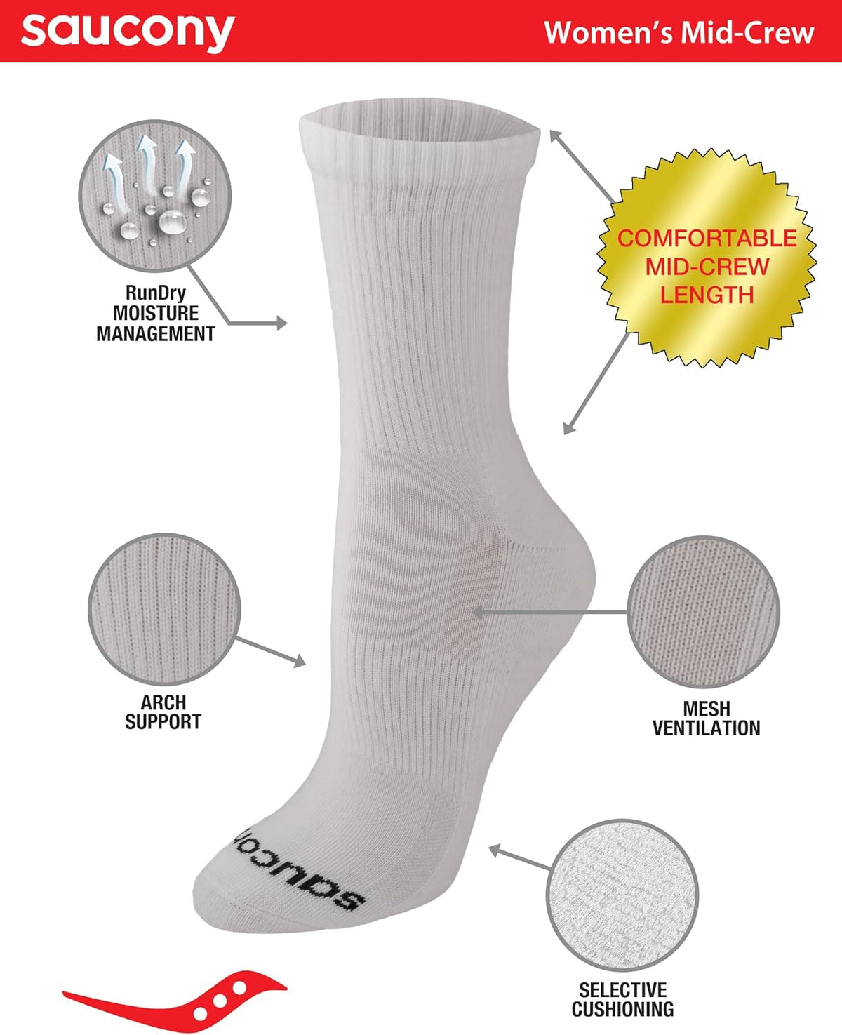 Saucony Women's RunDry Performance Heel Tab Athletic Socks, Available in S-L (8, 16, 24 Pairs)