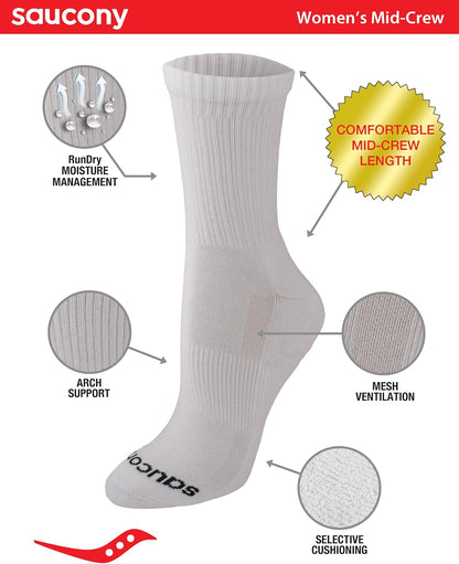 Saucony Women's RunDry Performance Heel Tab Athletic Socks, Available in S-L (8, 16, 24 Pairs)