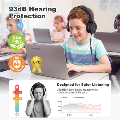 AILIHEN I35 Kids Headphones for School with Mic, 93dB Safe Volume, Orange
