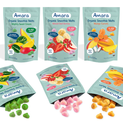 Amara Smoothie Melts - Mango Carrot - Organic Baby Snacks w/ Fruits & Veggies - Plant Based Yogurt Melts - Healthy Toddler Snack - Activity Book Included - Enjoy From 10+ Mos - 6 Resealable Bags