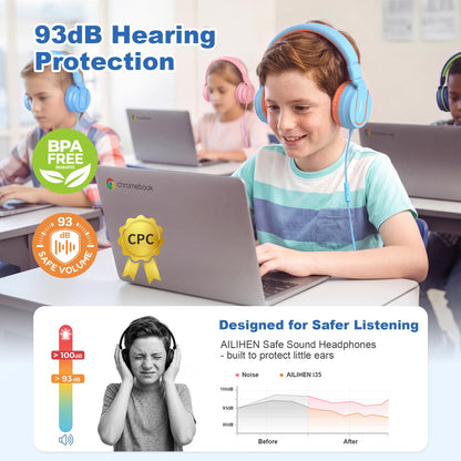 AILIHEN I35 Kids Headphones for School with Mic, 93dB Safe Volume, Orange