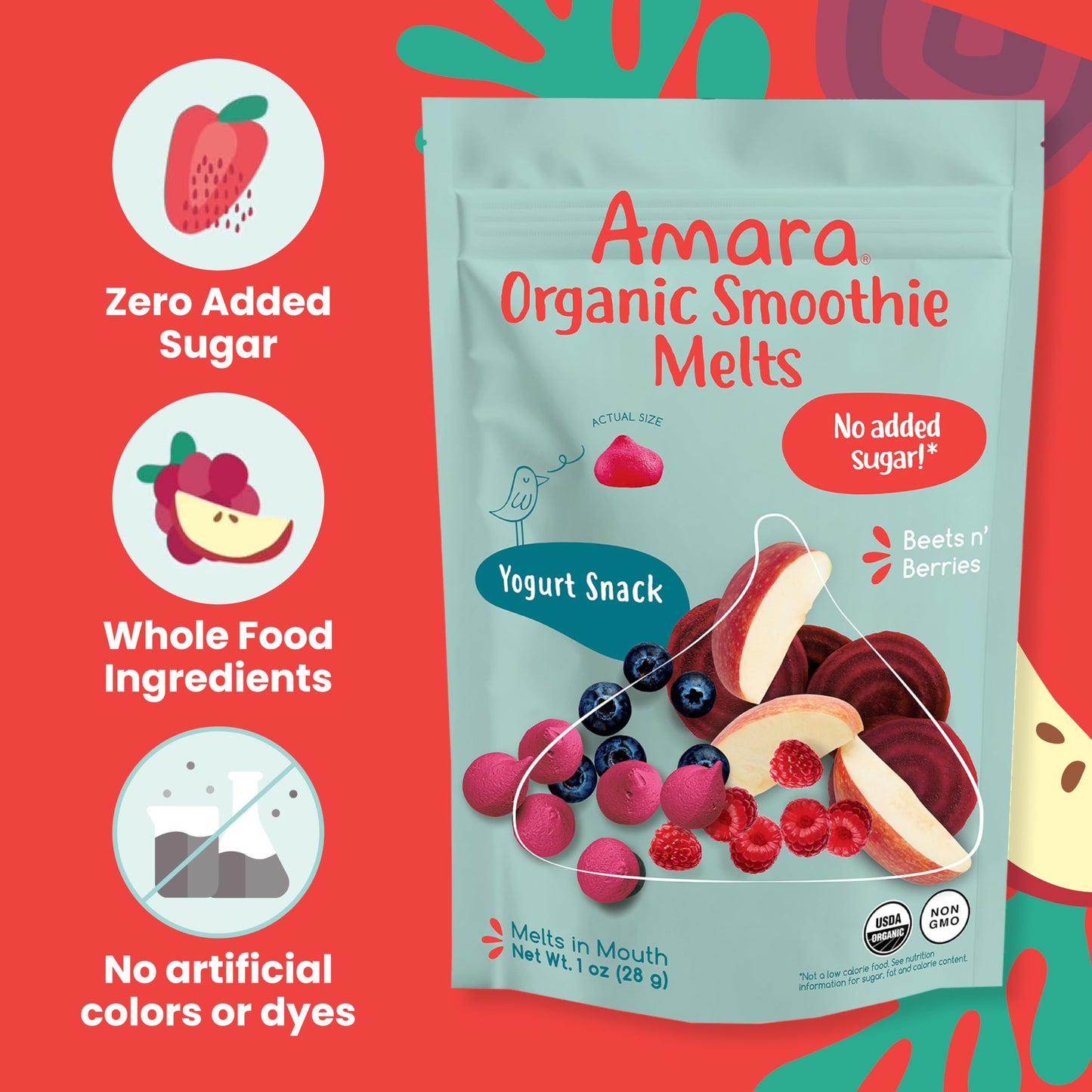Amara Smoothie Melts - Mango Carrot - Organic Baby Snacks w/ Fruits & Veggies - Plant Based Yogurt Melts - Healthy Toddler Snack - Activity Book Included - Enjoy From 10+ Mos - 6 Resealable Bags