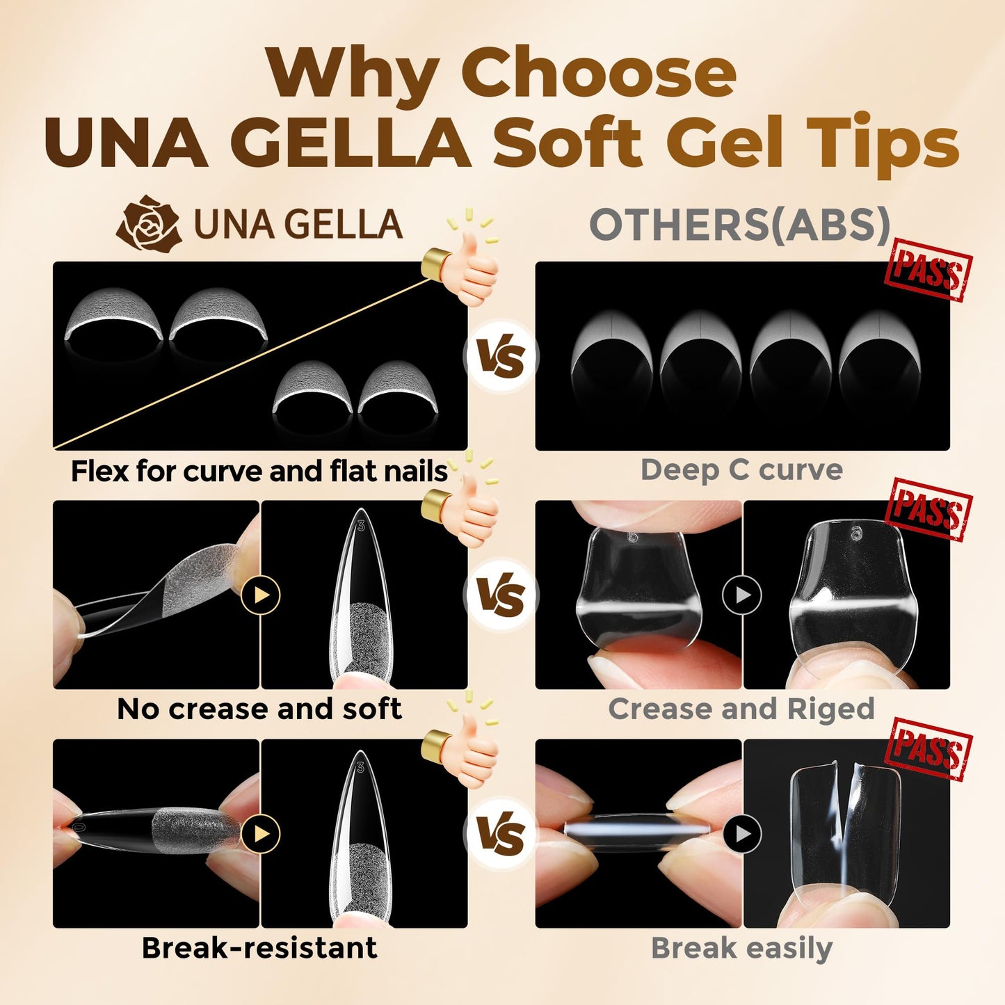 UNA GELLA 504Pcs Medium Pointed Almond Nail Tips, X-Soft Almond Gel Nails
