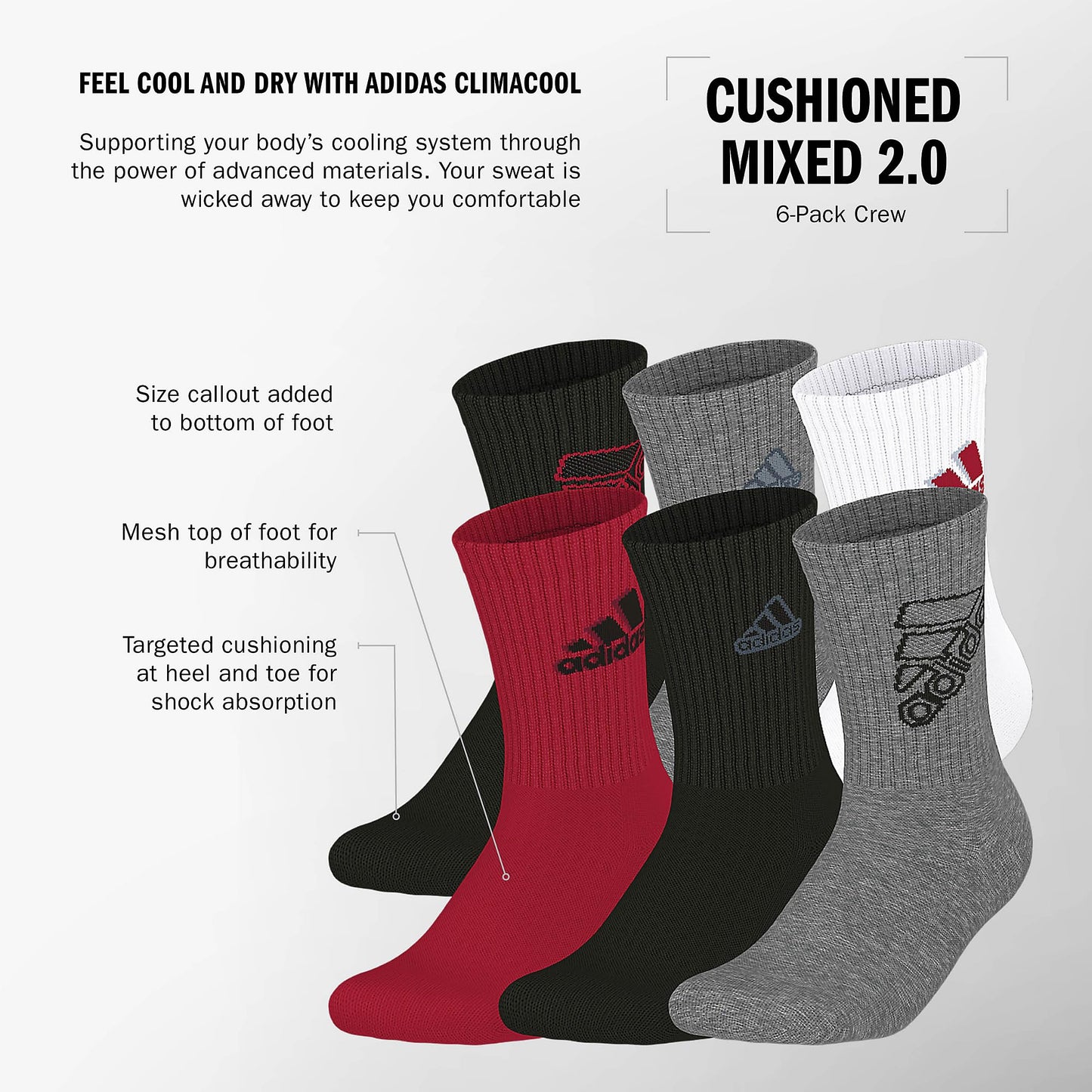 adidas Kids Athletic Cushioned 6-Pack Crew (Little Kid/Big Kid/Adult)