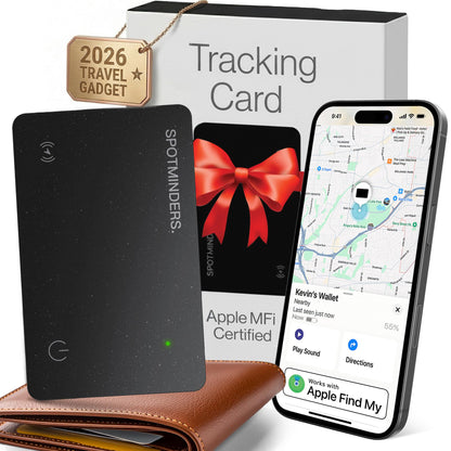 SPOTMINDERS Apple MFi Certified Wallet Tracking Card Black 4-Pack Travel Gifts for Him Works with Apple Find My Rechargeable Tracker IP68 Waterproof 0.07" Slim iPhone Item Finder for Luggage Passport