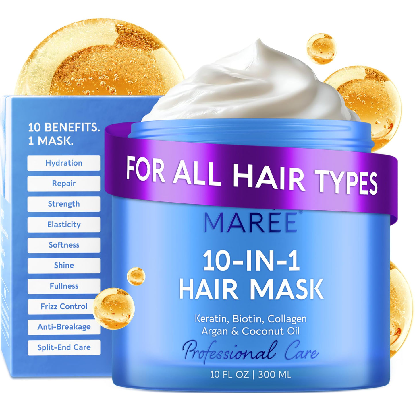 MAREE Deep Conditioning Hair Mask for Damaged Hair Treatment – Keratin Hair Care for Hydrating Growth Repair Moisturizing – Dry Curly Color Refreshing – 10 Fl Oz, White