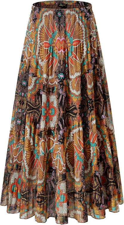 NASHALYLY Women's Chiffon Elastic High Waist Pleated A-Line Maxi Skirts