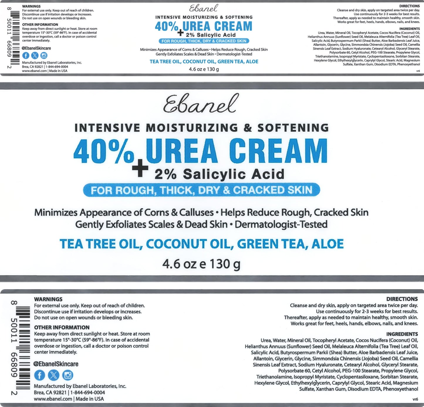 Ebanel Urea Cream 40% plus Salicylic Acid 2% for Dry Cracked Feet Skin, 2PK