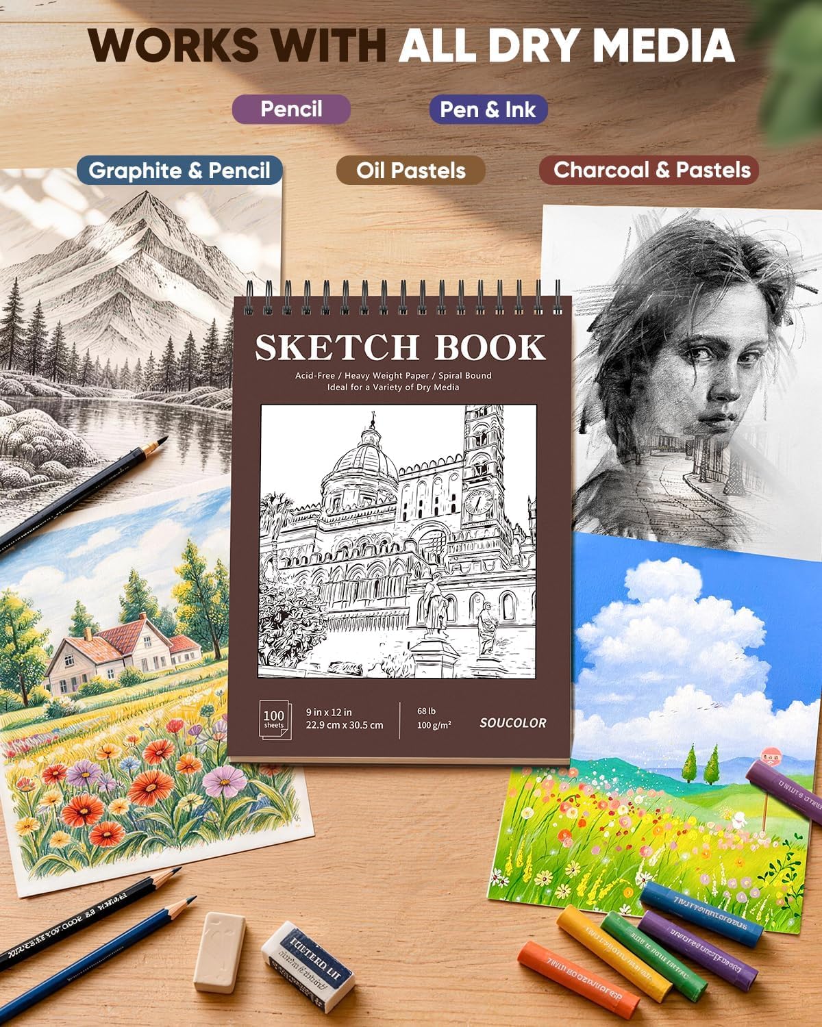Soucolor Sketch Book 9" x 12", 100 Sheets Kids Art Sketchbook Drawing Pad