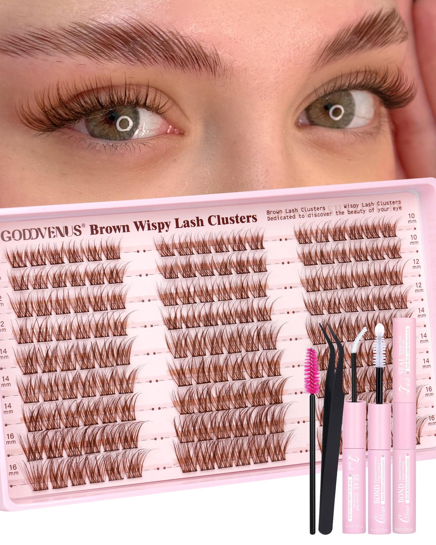 Goddvenus Brown Wispy Eye Lash Clusters Kit Natural Cluster Eyelash Extensions Kit False Eyelash Clusters Fluffy DIY Individual Lash Extensions Kit C Curl