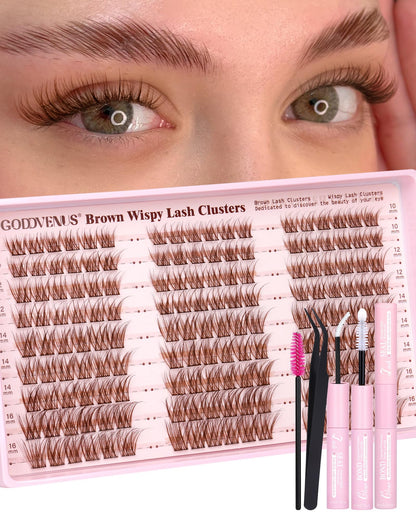 Goddvenus Brown Wispy Eye Lash Clusters Kit Natural Cluster Eyelash Extensions Kit False Eyelash Clusters Fluffy DIY Individual Lash Extensions Kit C Curl
