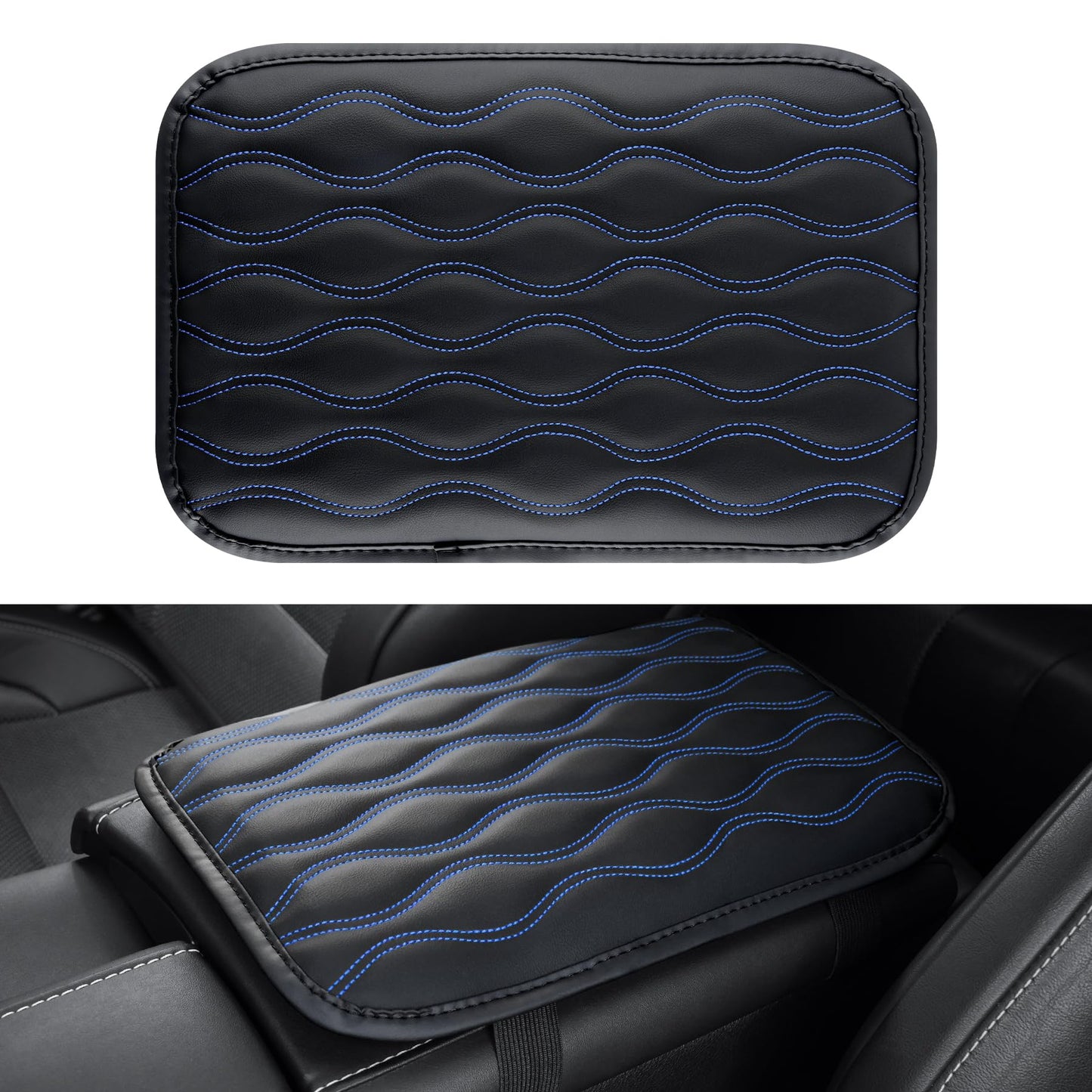 Amiss Car Center Console Cover, Upgraded Leather Car Armrest Cushion with 2 Storage Pockets, Universal Waterproof Cushion Pad, Non-Slip Car Interior Accessories, Fits Most Sedans SUVs Trucks (Black)
